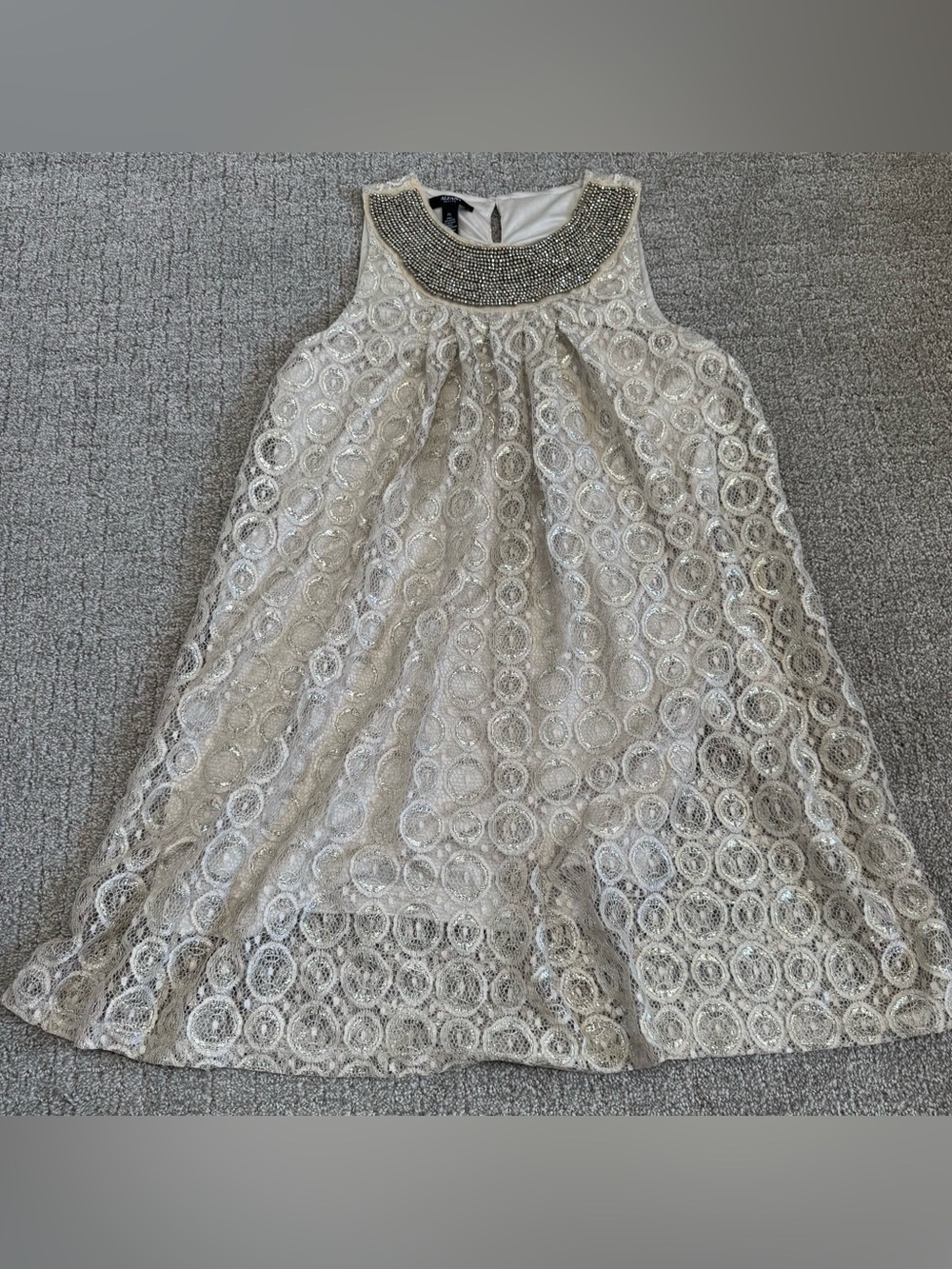 Alfani Petite Beaded Bib Neckline Metallic Shimmer Lace Dress Size PL